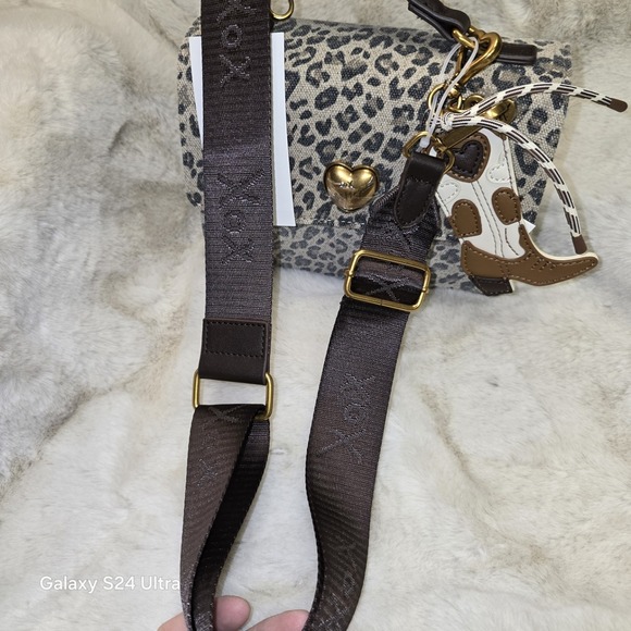 Betsey Johnson Leopard Print Crossbody Bag with Cowboy Boot Charm and Gold Heart - Picture 7 of 11